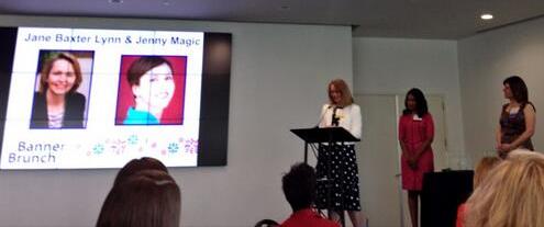 Jane Baxter Lynn accepting the Women Communicators of Austin's 2014 Gene Barnwell Waugh Mentor Award for her commitment to mentoring